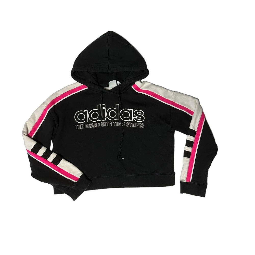 Adidas long sleeve crop hoodie in size XS. Black front. Pink and white sleeves